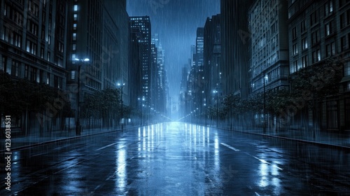 Rainy city street, night, empty, skyscrapers, reflection, dark, urban, cinematic, background, poster