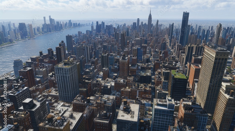 Fototapeta premium Aerial Manhattan cityscape, river view, sunny day, urban sprawl, background buildings