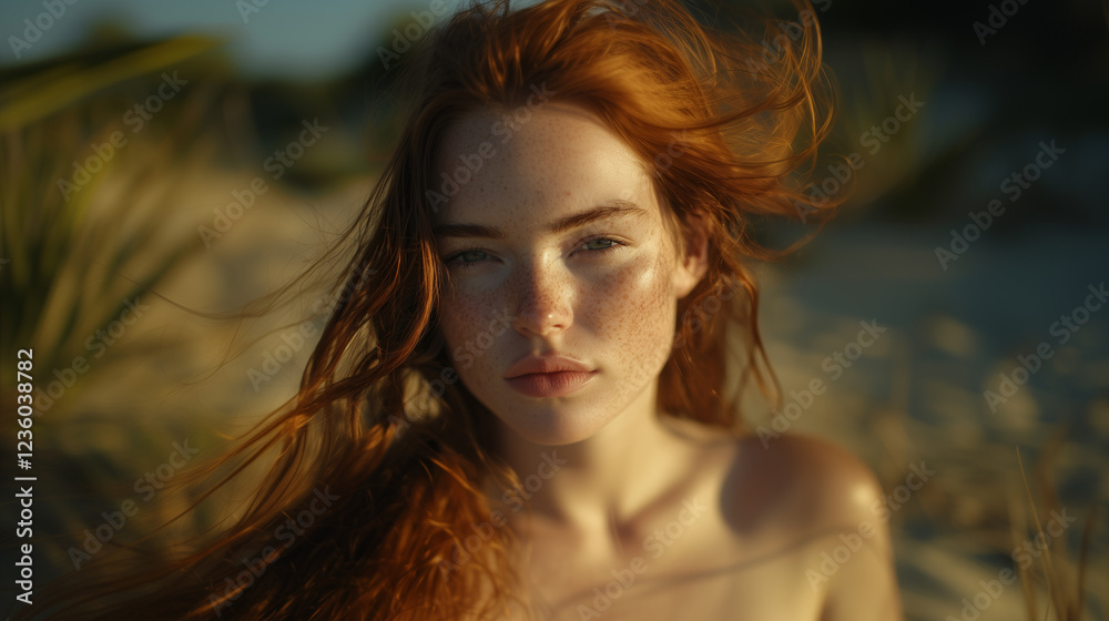 Fototapeta premium A captivating close-up portrait of a young red-haired woman with natural freckles, softly illuminated by warm golden hour sunlight. Her flowing hair and serene expression create a striking and natural
