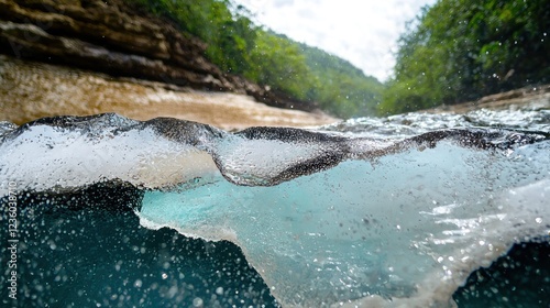 Closeup of a Turquoise River Wave with Bubbles
