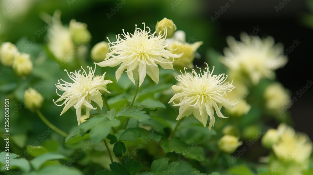 Pale Yellow Flowers with Spiky Petals and Lush Green Foliage Pale Yellow Flowers with Spiky Petals and Lush Green Foliage