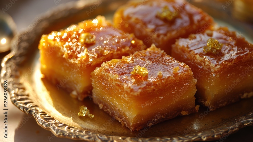 Golden Honey Cake, Dessert, Closeup, Plate, Sunlight Golden Honey Cake, Dessert, Closeup, Plate, Sunlight