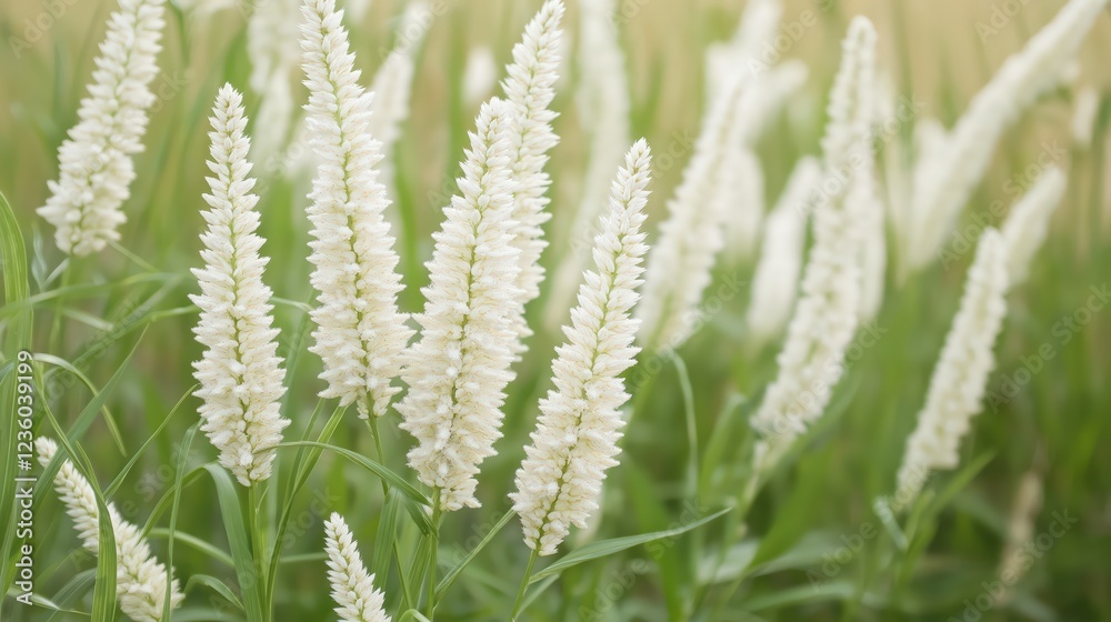 White Flower Field Close Up Soft Lighting, Delicate Petals, Lush Green Background White Flower Field Close Up Soft Lighting, Delicate Petals, Lush Green Background