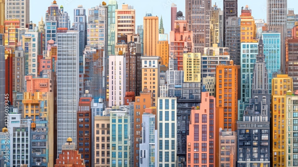 Fototapeta premium Colorful city skyline panorama, urban buildings, dense metropolis, background illustration, website banner
