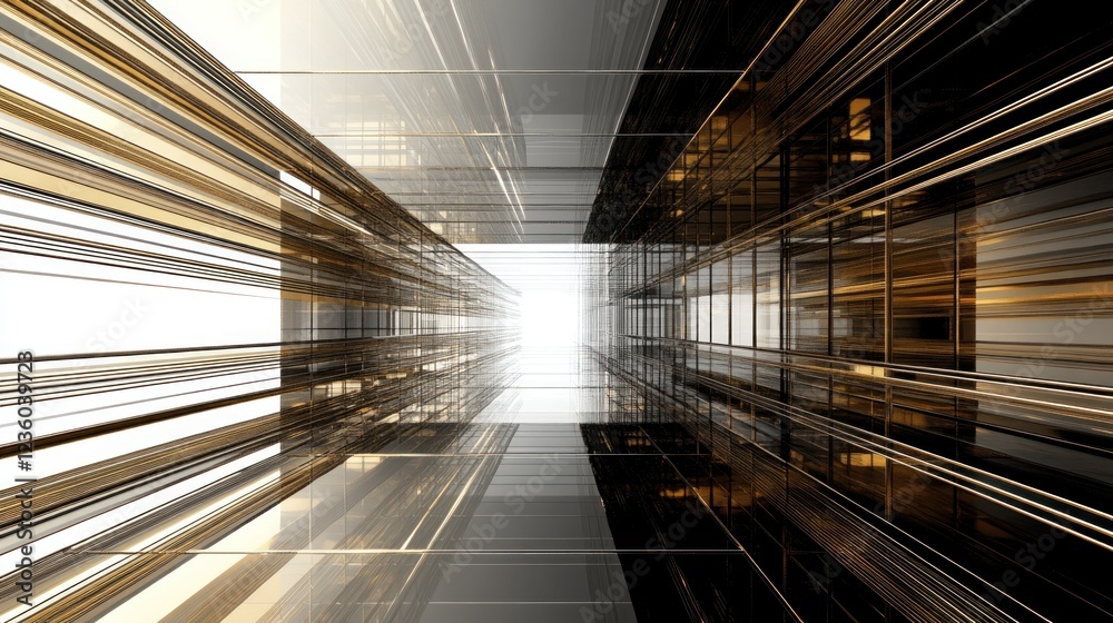 Obraz premium Golden glass corridor, futuristic city, bright light, architectural design, website banner