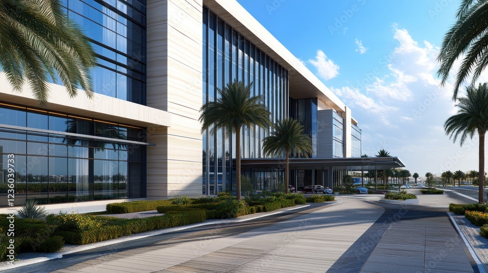 Modern building entrance, sunny day, palm trees, city background, architectural rendering