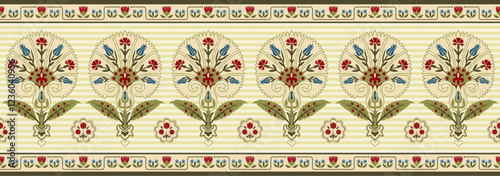Seamless border pattern with various whimsical flowers. Central Asian, Suzani style. Clipping mask applied.