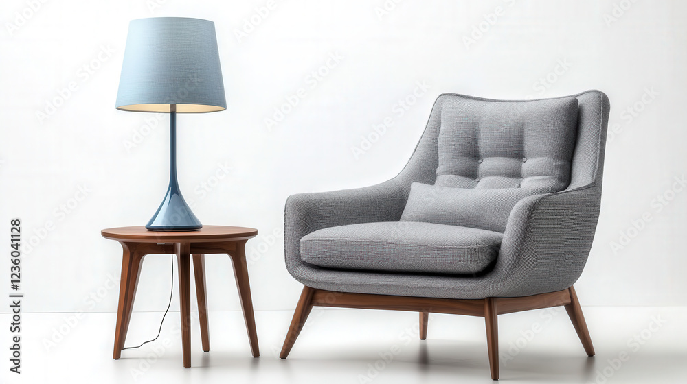 Grey sofa chair, wooden frame desk lamp Grey sofa chair, wooden frame desk lamp