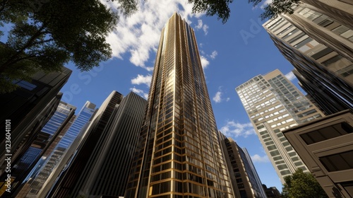 Gold skyscraper, city view, sunny day, architectural design, real estate