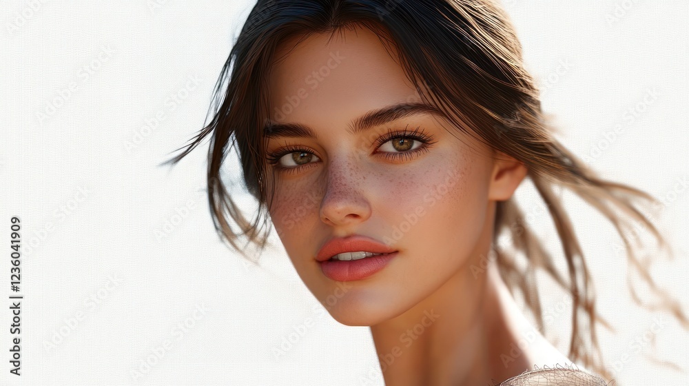 Woman, sunlit, face, beauty, portrait, outdoor, windblown hair, summer, skincare, advertisement Woman, sunlit, face, beauty, portrait, outdoor, windblown hair, summer, skincare, advertisement