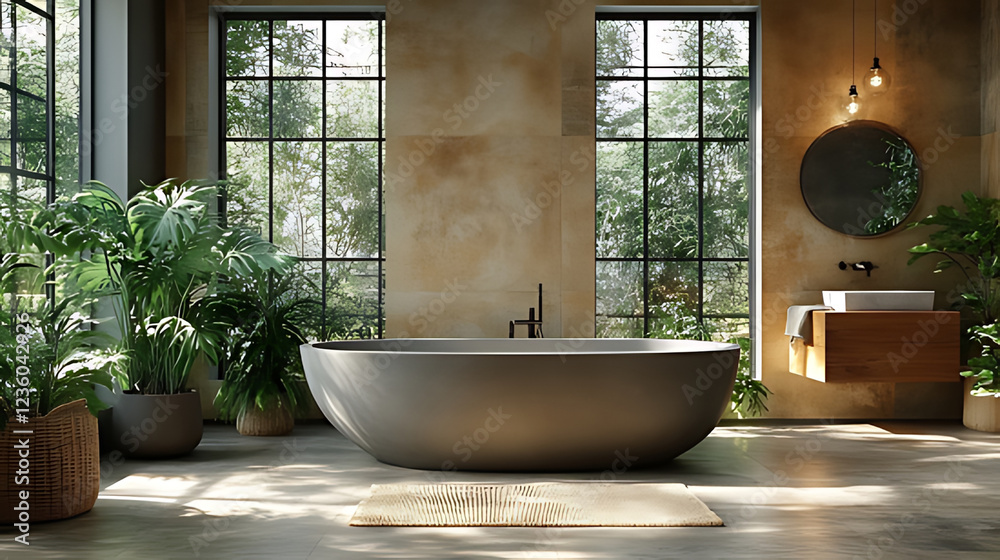 Fototapeta premium Modern bathtub, plants, loft bathroom, sunlight, interior design