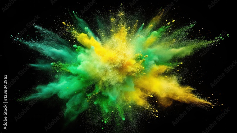 Fototapeta premium A vibrant green and yellow explosion of colored powder against a dark backdrop, creating a visually striking and dynamic display of color
