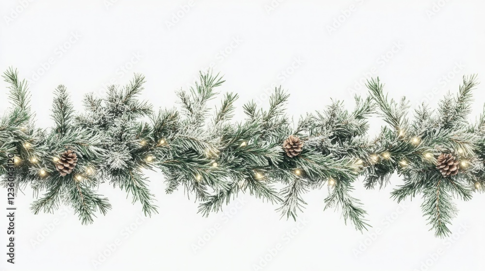 Obraz premium Seamless Decorative Christmas Border with Coniferous Branches: Seamless decorative Christmas border with coniferous branches and garlands of Christmas lights on transparent background.