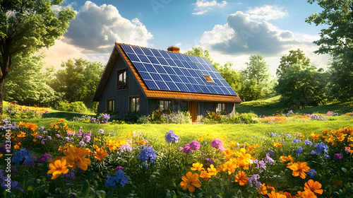 A solar-powered house in a lush, green environment, surrounded by vibrant flowers and trees, representing the beauty of renewable energy in a sustainable lifestyle.A solar-powered house in a lush, gre