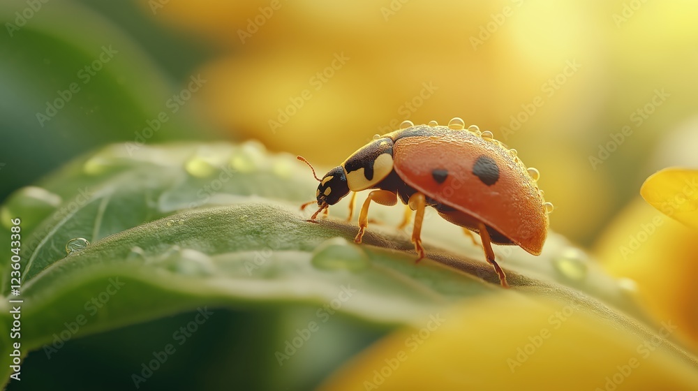 Ladybug on Green Leaf With Water Droplets in Soft Sunlight and Yellow Flower Background Ladybug on Green Leaf With Water Droplets in Soft Sunlight and Yellow Flower Background