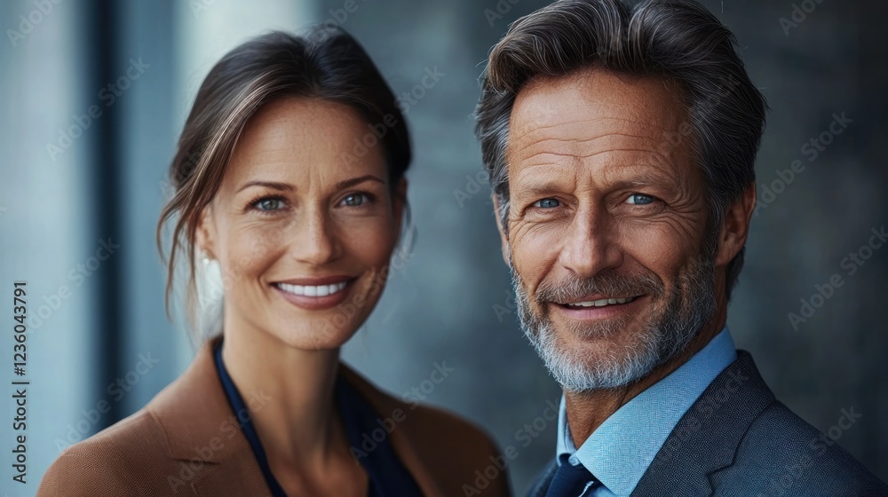 Fototapeta premium Smiling business partners portrait, modern office background, corporate success