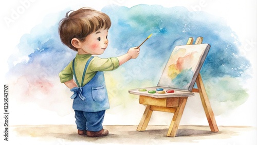 Charming watercolor illustration of a young child painting on a canvas,  AI generated