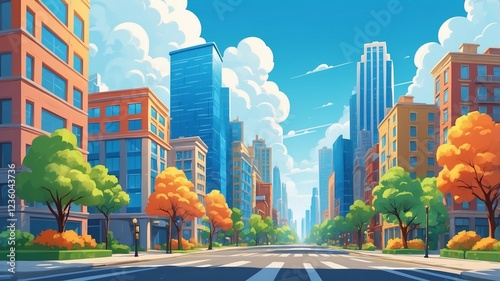 Colorful cartoon cityscape, urban street view, residential buildings, skyscrapers in background