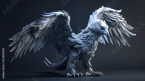 A 3D model of a white griffin with its wings spread.