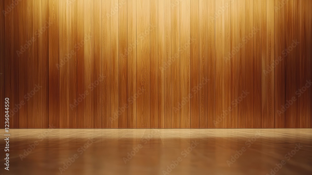 Warm wood wall, empty floor, interior backdrop, product display Warm wood wall, empty floor, interior backdrop, product display