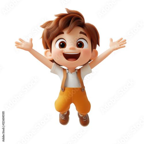 A cartoon boy is jumping up and down with his arms outstretched