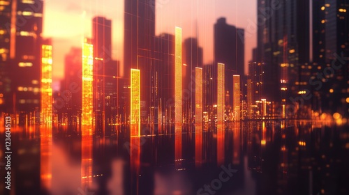 Wallpaper Mural Sunset city skyline, glowing bars reflecting, financial growth, urban future Torontodigital.ca