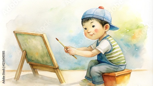 Charming watercolor illustration of a young child painting on a canvas,  AI generated