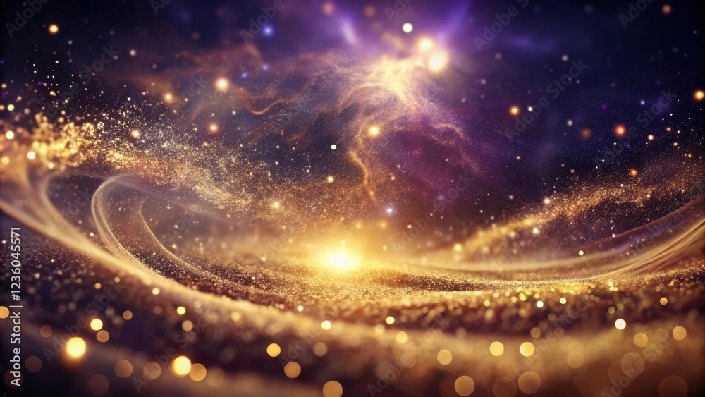 Obraz premium A celestial wave of golden stardust swirls across the cosmic landscape, creating a mesmerizing spectacle of shimmering light and ethereal beauty.