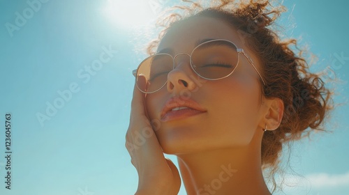 A woman applying sunscreen on her face while standing outdoors, with a beach clear sky in the background. Bright sunlight highlights her healthy skin, showcasing refreshing summer skincare routine photo