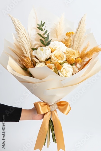 Bouquet of flowers of white roses and dried flowers, flowers of light colors, wrapped in beige paper , held by hand on a white background, with natural light.