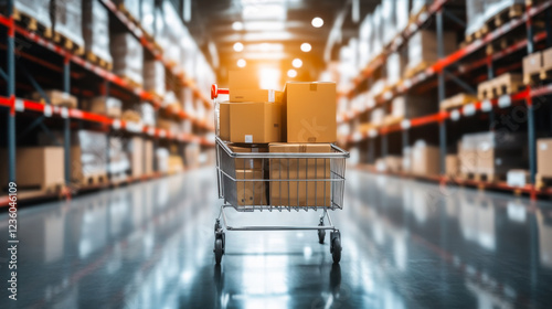Shopping cart filled with boxes in a large warehouse during late afternoon