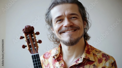 Happy musician with ukulele, studio portrait, floral shirt, light background, music promotion photo