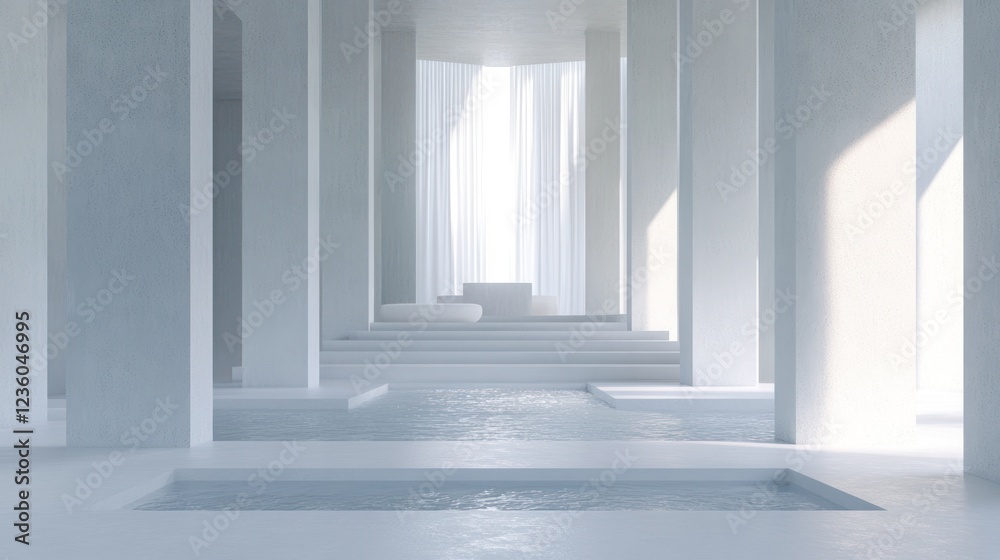 White minimalist hall, water feature, sunlit backdrop, product display White minimalist hall, water feature, sunlit backdrop, product display