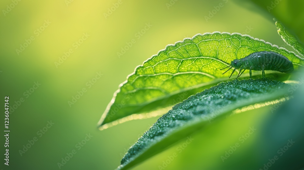 Obraz premium Dark Insect on Dewy Green Leaves in Sunlight
