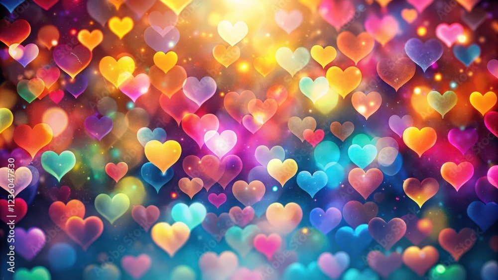 Naklejka premium A vibrant abstract background of colorful hearts, radiating warmth and joy. The hearts are arranged in a random pattern, creating a sense of movement and energy.