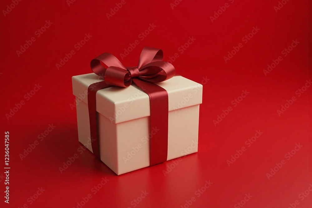 gift box with red ribbon on rich red background cream color gift box with red ribbon on rich red background cream color