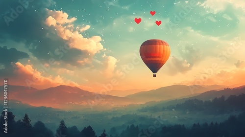 Hot Air Balloon Flying Over the Mountains