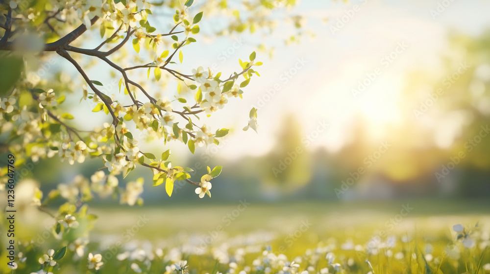Obraz premium Vibrant digital spring landscape with blossoming trees and wildflowers against warm sunset sky