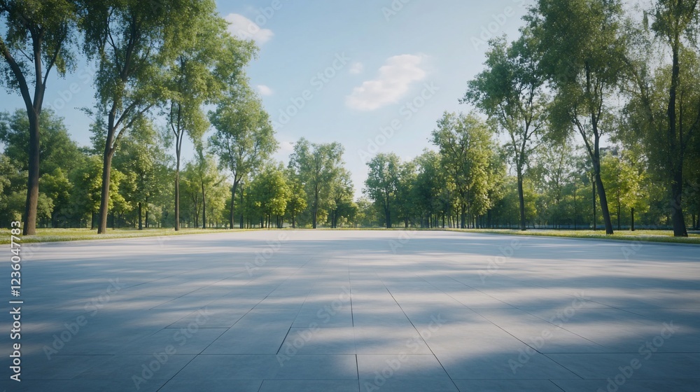 Fototapeta premium A serene park with tall trees and a wide paved area under a clear sky creates a calming urban escape