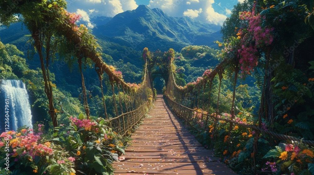Obraz premium Vibrant Tropical Landscape with a Flower-Adorned Bridge and Waterfall