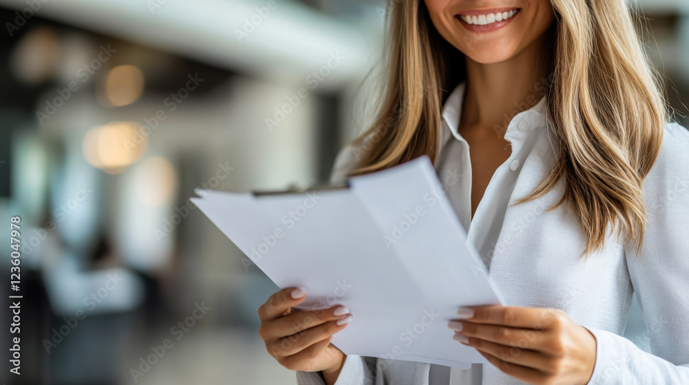 Person holding multiple sheets of paper while seated at a desk in a contemporary workspace during the day Person holding multiple sheets of paper while seated at a desk in a contemporary workspace during the day