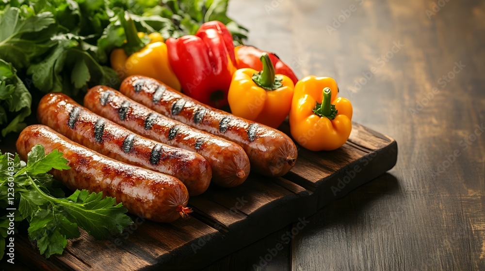 Grilled Sausages and Colorful Bell Peppers on Wooden Board Grilled Sausages and Colorful Bell Peppers on Wooden Board