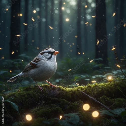 A white sparrow surrounded by a circle of glowing fireflies in a misty forest.