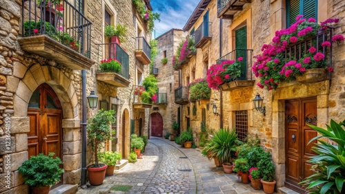 Narrow cobblestone street lined with ancient stone buildings and ornate balconies, Mediterranean style, blooming flowers