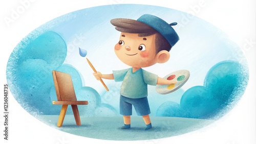 Charming watercolor illustration of a young child painting on a canvas,  AI generated