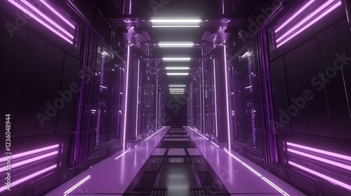 Purple neon lights illuminate futuristic corridor; reflective walls; background darkness; digital art, sci-fi backdrop photo