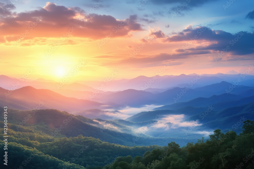 Tranquil sunrise over rolling hills with soft clouds and golden light in the valley Tranquil sunrise over rolling hills with soft clouds and golden light in the valley