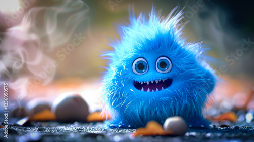 A cute fluffy blue little monster smiling