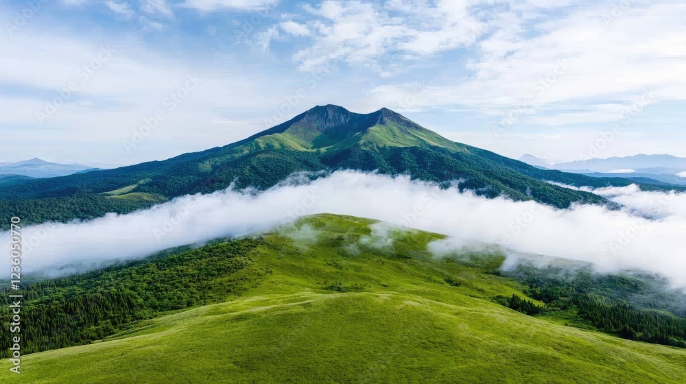 Fototapeta premium Green mountain peak rises above a thick layer of white clouds under a blue sky.