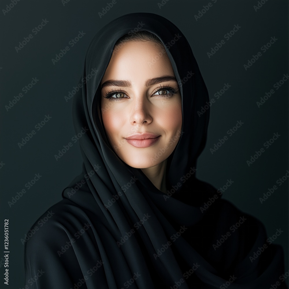 Naklejka premium Elegant portrait of a smiling woman wearing a black hijab, radiating confidence and grace against a dark background. Timeless beauty and cultural identity.